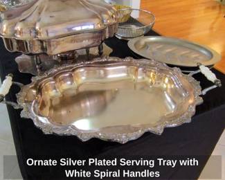Ornate Silver Plated Serving Tray with White Spiral Handles