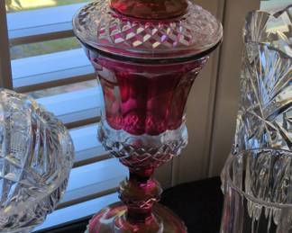 Ruby Flash Kings Crown Thumbprint Compote with Lid