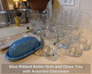 Blue Ribbed Butter Dish and Glass Tray with Assorted Glassware