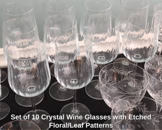 Set of Crystal Wine Glasses with Etched Floral or Leaf Patterns