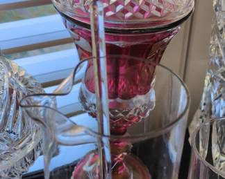 Cranberry Cut Crystal Pitcher and Compote Set third image