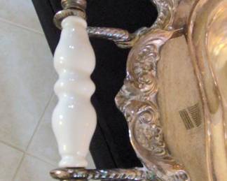 Ornate Silver Plated Serving Tray with White Spiral Handles second image