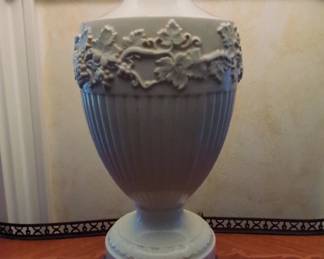White Ceramic Urn Table Lamp with Embossed Grapevine Motif and Chinese Shou Finial second image