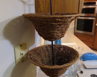 TwoTier Woven Basket Stand with Scrolled Metal Base