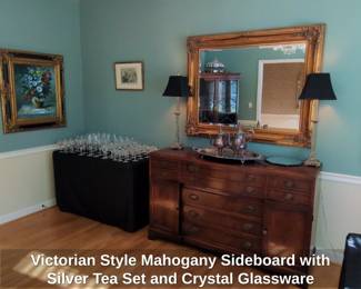 Victorian Style Mahogany Sideboard with Silver Tea Set and Crystal Glassware