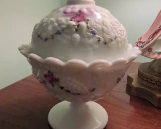 Westmoreland Paneled Grape Milk Glass Covered Compote