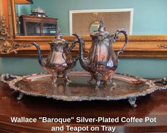 Wallace Baroque SilverPlated Coffee Pot and Teapot on Tray