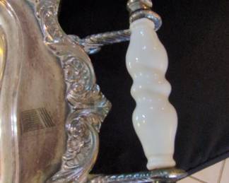 Ornate Silver Plated Serving Tray with White Spiral Handles third image