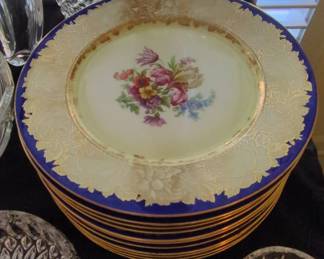 Bavaria Tirschenreuth Decorated in Own Studios Floral Dinner Plates with Cobalt Blue Rim and Gold Trim