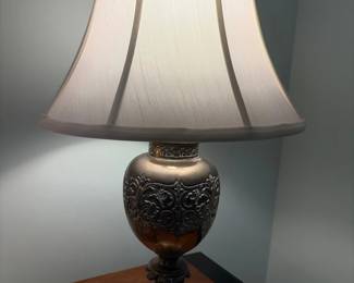 Ornate Bronze Table Lamp with Acanthus Leaf Motif and Fabric Shade