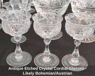 Antique Etched Crystal Cordial Glasses  Likely Bohemian or Austrian