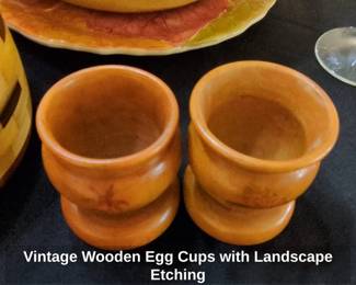 Vintage Wooden Egg Cups with Landscape Etching second image