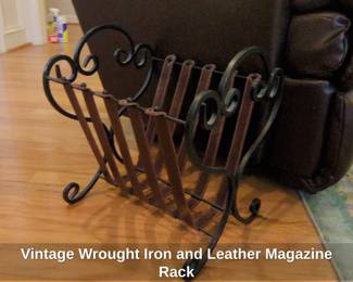 Vintage Wrought Iron and Leather Magazine Rack