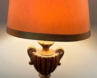 Vintage Urn Table Lamp with Fluted Body and Scroll Handles, Faux Marble Finish