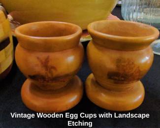 Vintage Wooden Egg Cups with Landscape Etching