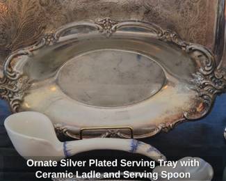 Ornate Silver Plated Serving Tray with Ceramic Ladle and Serving Spoon