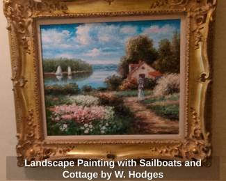 Landscape Painting with Sailboats and Cottage by W. Hodges