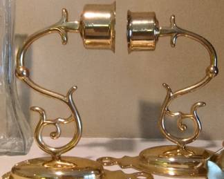 Brass French Horn Candlestick Holder Pair