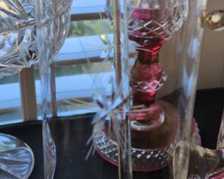 Cranberry Cut Crystal Pitcher and Compote Set second image