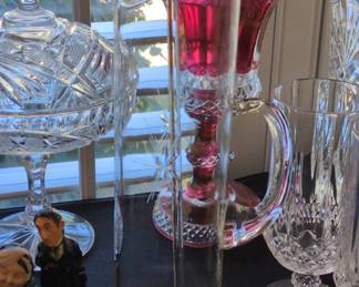Cranberry Cut Crystal Pitcher and Compote Set