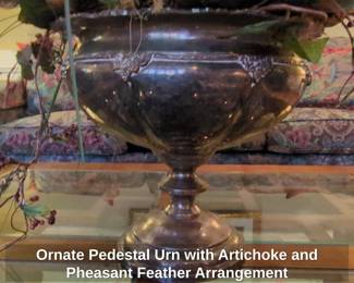 Ornate Pedestal Urn with Artichoke and Pheasant Feather Arrangement second image