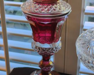 Ruby Flash Kings Crown Thumbprint Compote with Lid B