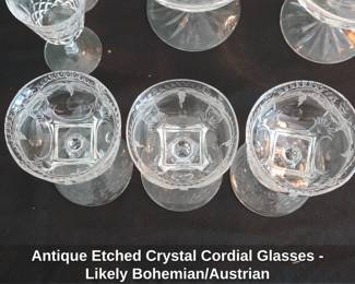 Antique Etched Crystal Cordial Glasses  Likely Bohemian or Austrian third image