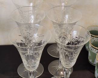 Vintage Etched Crystal Wine Glasses  Seneca Art Deco Pattern