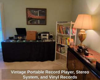 Vintage Portable Record Player, Stereo System, and Vinyl Records