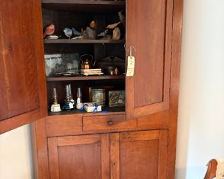 Antique Cherry corner cab, oil lamps