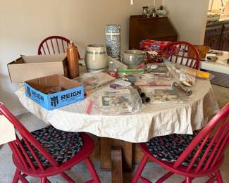 Antique Oak Table and 4 Red Chairs 