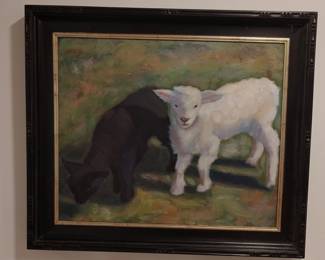 Oil Painting of Two Lambs by J. Parland