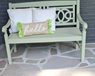 Light Green Wooden Garden Bench with Decorative Geometric Back