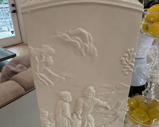 White Porcelain Vase with Embossed Landscape and Figures  Lenox