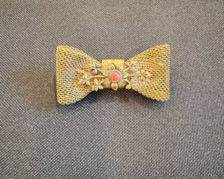 Vintage GoldTone Mesh Bow Brooch with Coral Center and Floral Accents