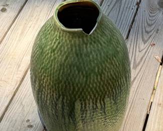 Large Green Textured Ceramic Vase with Drip Glaze second image