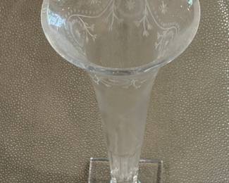 Antique Etched Glass Trumpet Vase with Square Base