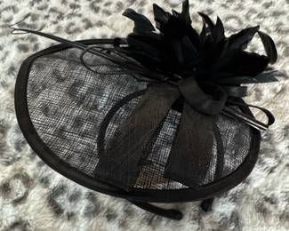 Black Sinamay Fascinator Hat with Feathers and Bow by C.C. EXCLUSIVES