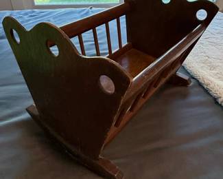 Vintage Wooden Doll Cradle Rocker with Scalloped Top