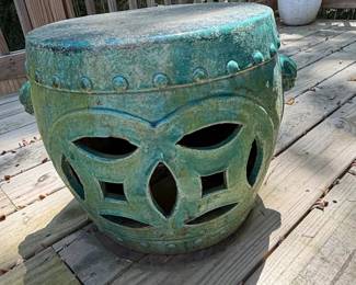 Vintage Turquoise Glazed Ceramic Garden Stool with Pierced Lattice and Foo Dog Handles