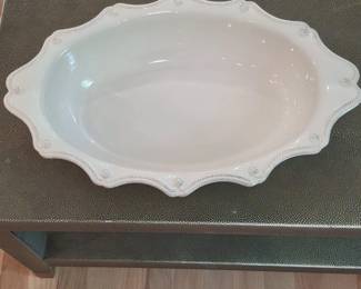 White Ceramic Oval Serving Platter with Scalloped Edge and Floral Motifs