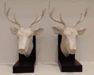 Carved Wooden Deer Head Bookends Pair
