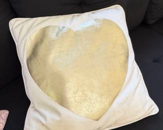 White Heart Shaped Throw Pillow with Metallic Gold Heart Appliqu