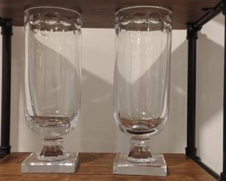 Pair of Tall Cylindrical Glass Hurricane Candle Holders with Square Crystal Bases