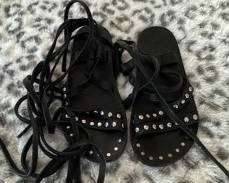 Black Leather Gladiator Sandals with Silver Studs by CIANA