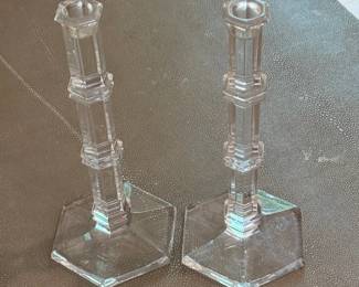 Pair of Clear Glass Hexagonal Candlesticks