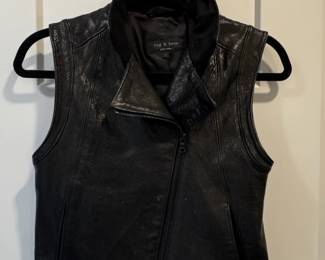 Rag  Bone Black Leather Asymmetrical Zip Biker Vest