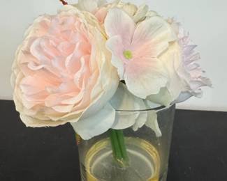 Faux Pink Peony and Hydrangea Arrangement in Glass Vase second image