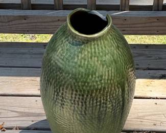 Large Green Textured Ceramic Vase with Drip Glaze