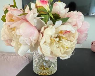 Faux Peony Arrangement in Crystal Vase